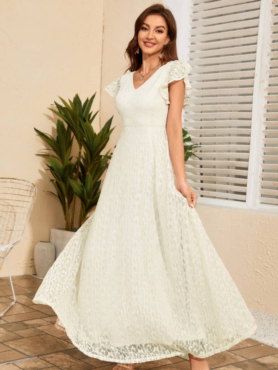 Butterfly Sleeve Lace A-line Dress - Beige - View 1