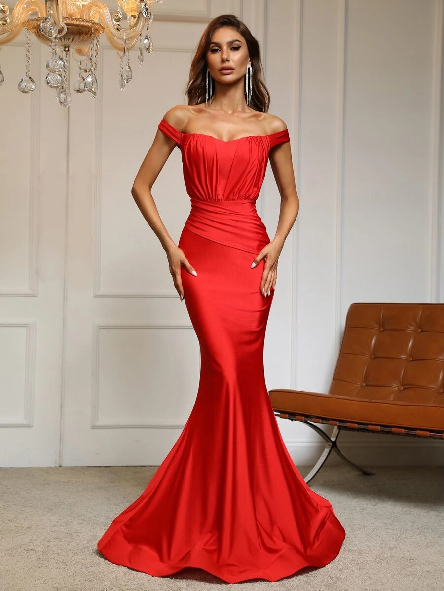 Off Shoulder Mermaid Hem Prom Dress - Red - View 1