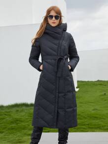 女式中长款连帽加厚外套，配腰带，长袖冬季保暖夹克，带口袋和拉链 - 黑色 - 查看 9