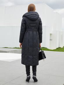 女式中长款连帽加厚外套，配腰带，长袖冬季保暖夹克，带口袋和拉链 - 黑色 - 查看 3