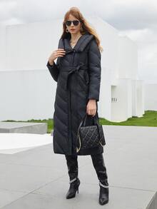 女式中长款连帽加厚外套，配腰带，长袖冬季保暖夹克，带口袋和拉链 - 黑色 - 查看 6