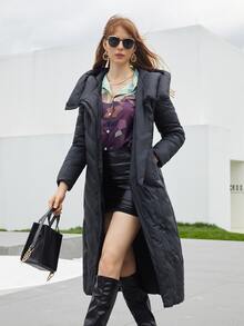 女式中长款连帽加厚外套，配腰带，长袖冬季保暖夹克，带口袋和拉链 - 黑色 - 查看 7