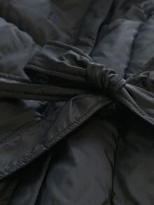 女式中长款连帽加厚外套，配腰带，长袖冬季保暖夹克，带口袋和拉链 - 黑色 - 查看 8