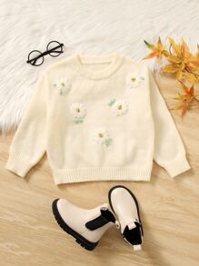 Toddler Girls Floral Embroidery Jumper - Beige - View 1