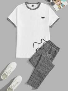 GENTILAND 男士馬印花拼接邊T恤和格紋長褲 - 彩色 - 查看 1