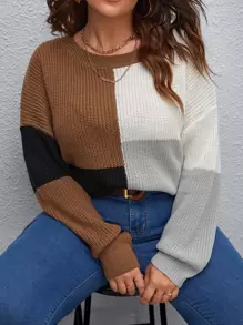 SHEIN LUNE Suéter de punto con bloque de color y hombros caídos, para otoño e invierno, talla grande - Multicolor - Ver 1