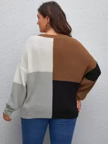 SHEIN LUNE Suéter de punto con bloque de color y hombros caídos, para otoño e invierno, talla grande - Multicolor - Ver 2