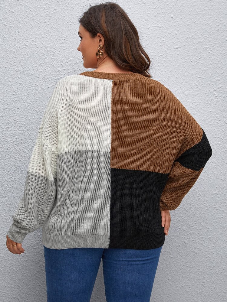 Plus Color Block Drop Shoulder Sweater Knit Pullover Fall Winter