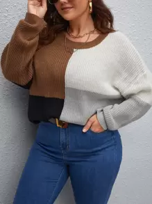 SHEIN LUNE Suéter de punto con bloque de color y hombros caídos, para otoño e invierno, talla grande - Multicolor - Ver 3