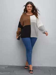 SHEIN LUNE Suéter de punto con bloque de color y hombros caídos, para otoño e invierno, talla grande - Multicolor - Ver 4