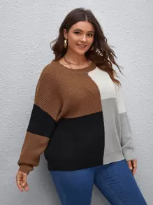 SHEIN LUNE Suéter de punto con bloque de color y hombros caídos, para otoño e invierno, talla grande - Multicolor - Ver 5