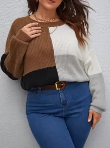 SHEIN LUNE Suéter de punto con bloque de color y hombros caídos, para otoño e invierno, talla grande - Multicolor - Ver 6