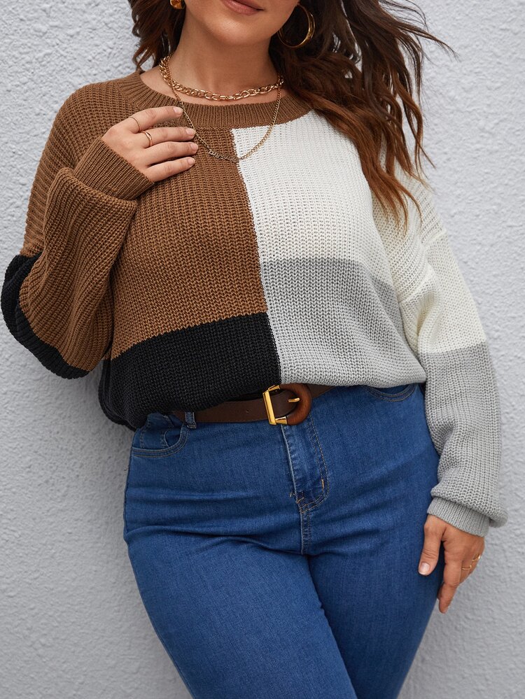 Plus Color Block Drop Shoulder Sweater Knit Pullover Fall Winter