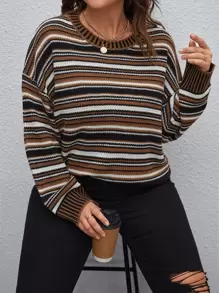 SHEIN LUNE 加大码条纹图案落肩针织套头衫，适合秋冬季节穿着。 - 彩色 - 查看 1