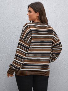 SHEIN LUNE 加大码条纹图案落肩针织套头衫，适合秋冬季节穿着。 - 彩色 - 查看 2