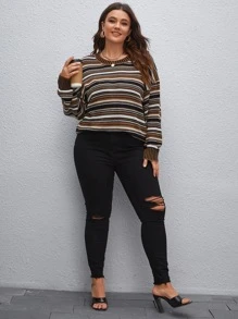 SHEIN LUNE 加大码条纹图案落肩针织套头衫，适合秋冬季节穿着。 - 彩色 - 查看 3