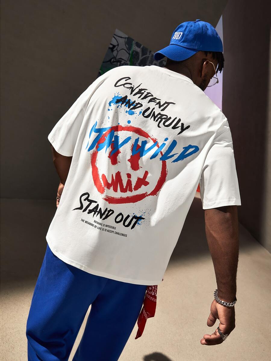 Manfinity RebelGame Loose Men Plus Size Slogan & Expression Print Drop Shoulder T-Shirt - White - View 1