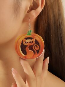 Halloween Cat & Pumpkin Print Drop Earrings - Multicolor - View 1