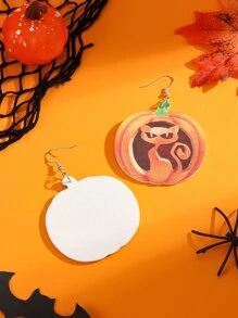 Halloween Cat & Pumpkin Print Drop Earrings - Multicolor - View 2