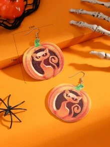 Halloween Cat & Pumpkin Print Drop Earrings - Multicolor - View 4