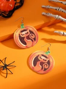 Halloween Cat & Pumpkin Print Drop Earrings - Multicolor - View 5