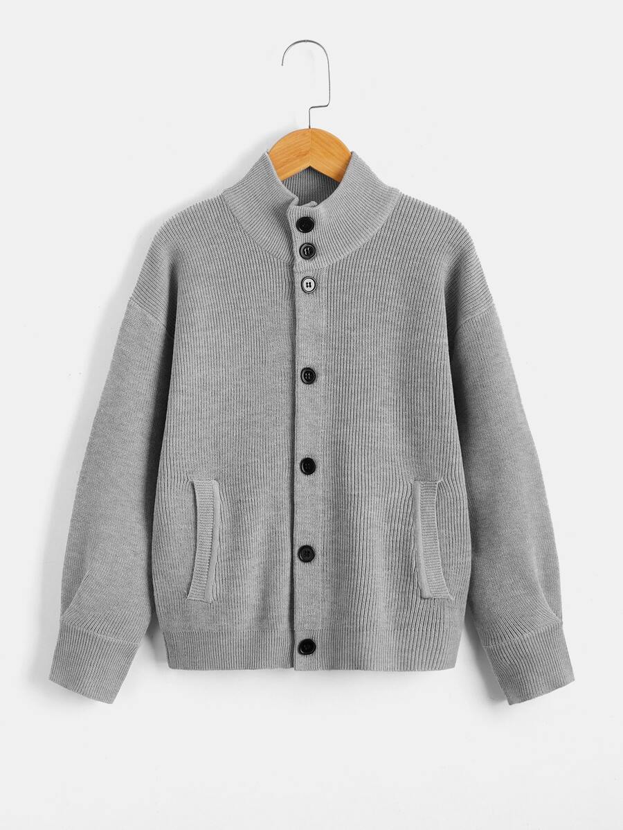 Boys Drop Shoulder Slant Pocket Cardigan - Grey - View 1