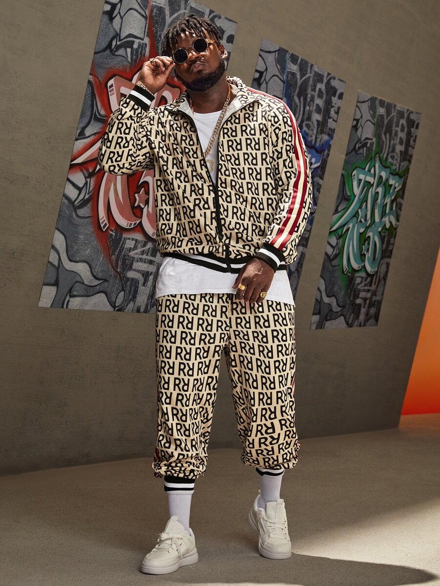 EASEVO Men Striped Tape Letter Graphic Jacket & Trousers Set - Multicolor - View 1