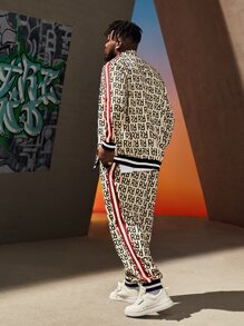 EASEVO Men Striped Tape Letter Graphic Jacket & Trousers Set - Multicolor - View 2