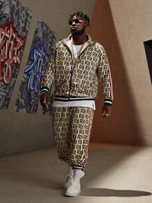 EASEVO Men Striped Tape Letter Graphic Jacket & Trousers Set - Multicolor - View 4