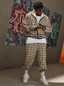 EASEVO Men Striped Tape Letter Graphic Jacket & Trousers Set - Multicolor - View 5