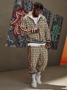 EASEVO Men Striped Tape Letter Graphic Jacket & Trousers Set - Multicolor - View 6