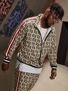 EASEVO Men Striped Tape Letter Graphic Jacket & Trousers Set - Multicolor - View 8