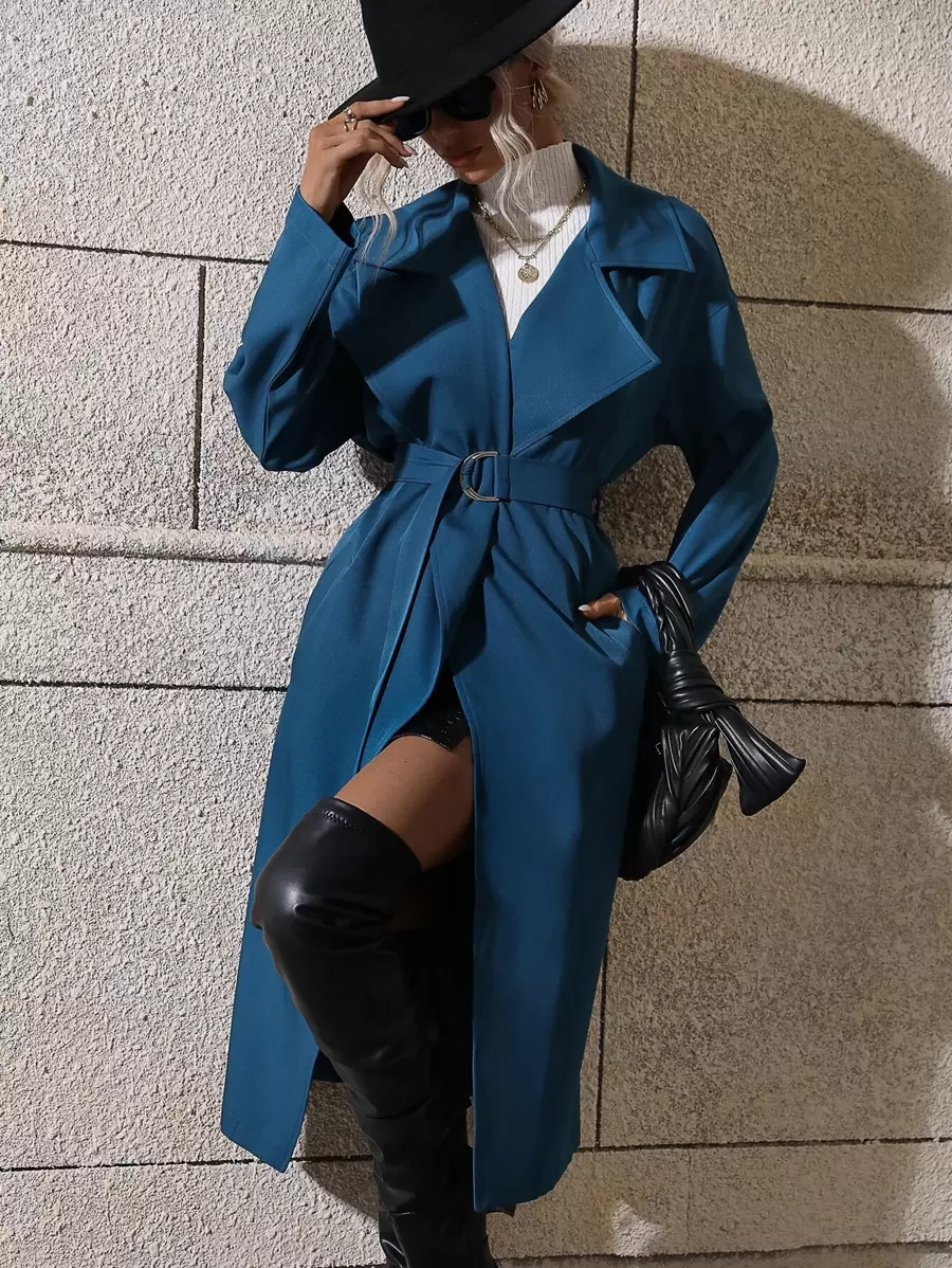 Solid Slant Pocket Drop Shoulder Belted Coat - Navy Blue - View 1