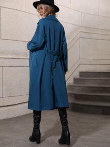 Solid Slant Pocket Drop Shoulder Belted Coat - Navy Blue - View 2
