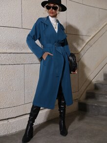 Solid Slant Pocket Drop Shoulder Belted Coat - Navy Blue - View 3