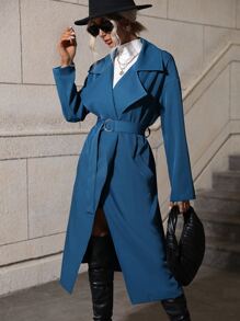 Solid Slant Pocket Drop Shoulder Belted Coat - Navy Blue - View 5