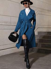 Solid Slant Pocket Drop Shoulder Belted Coat - Navy Blue - View 6
