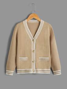 Boys Striped Trim Cardigan - Khaki - View 1