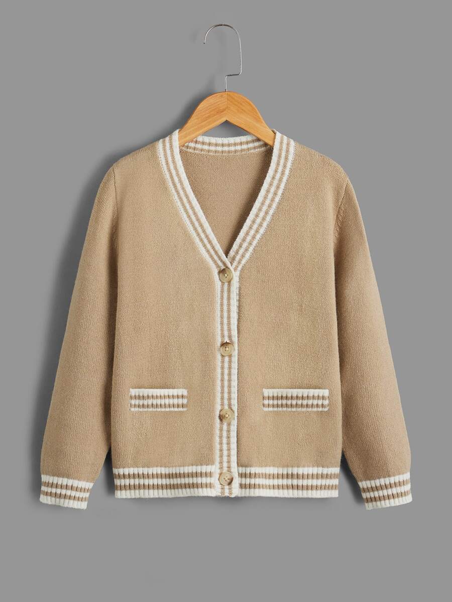 Boys Striped Trim Cardigan - Khaki - View 1