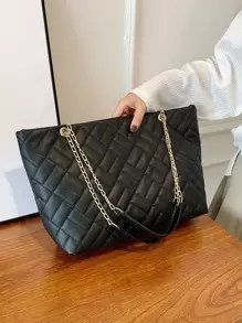 Bolso tote guateado de hombros con cadena - Negro - Ver 1