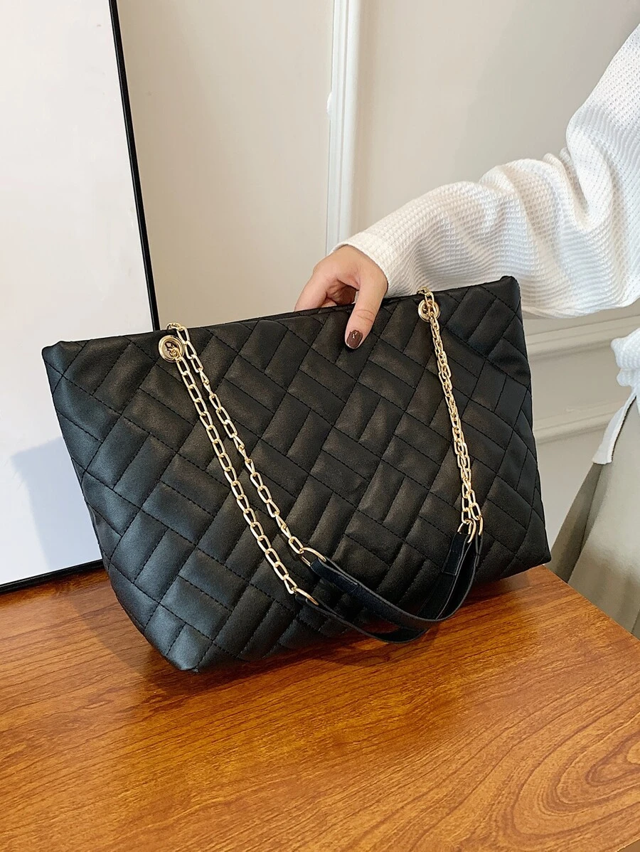 Bolso tote guateado de hombros con cadena - Negro - Ver 1