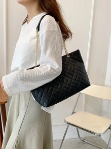 Bolso tote guateado de hombros con cadena - Negro - Ver 2