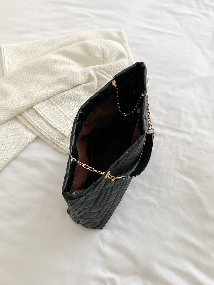 Bolso tote guateado de hombros con cadena - Negro - Añade 3