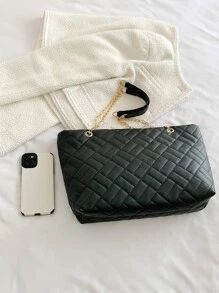 Bolso tote guateado de hombros con cadena - Negro - Ver 4