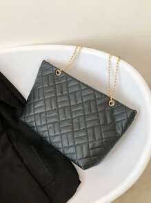 Bolso tote guateado de hombros con cadena - Negro - Ver 8