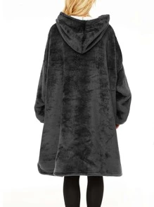 素色毛絨內襯連帽蓋毯 - 黑色 - 查看 4