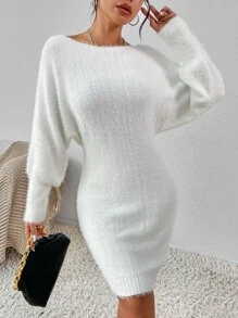 SHEIN Privé Batwing Sleeve Jumper Dress Without Belt - White - View 3