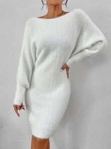 SHEIN Privé Batwing Sleeve Jumper Dress Without Belt - White - View 5
