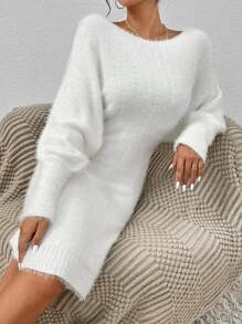 SHEIN Privé Batwing Sleeve Jumper Dress Without Belt - White - View 6