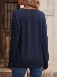 SHEIN LUNE Áo thun nữ Nút màu trơn Giải trí - Màu xanh hải quân - Xem 3